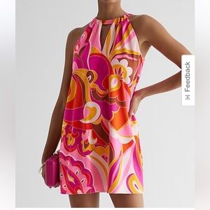 NWT EXPRESS Groovy Printed Halter Neck Mini Shift Dress SZ L